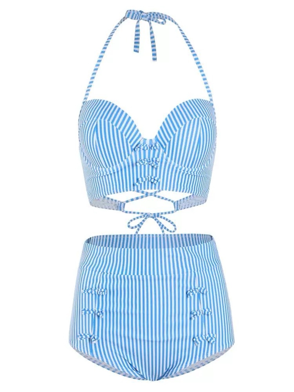 High-Waist Striped Halter Bikini Set - Blue